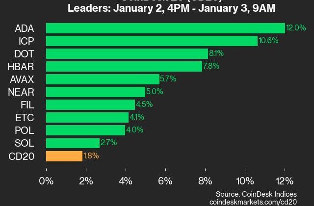 CoinDesk 20 Performance Update: ADA Gains 12%, Leading Index Higher